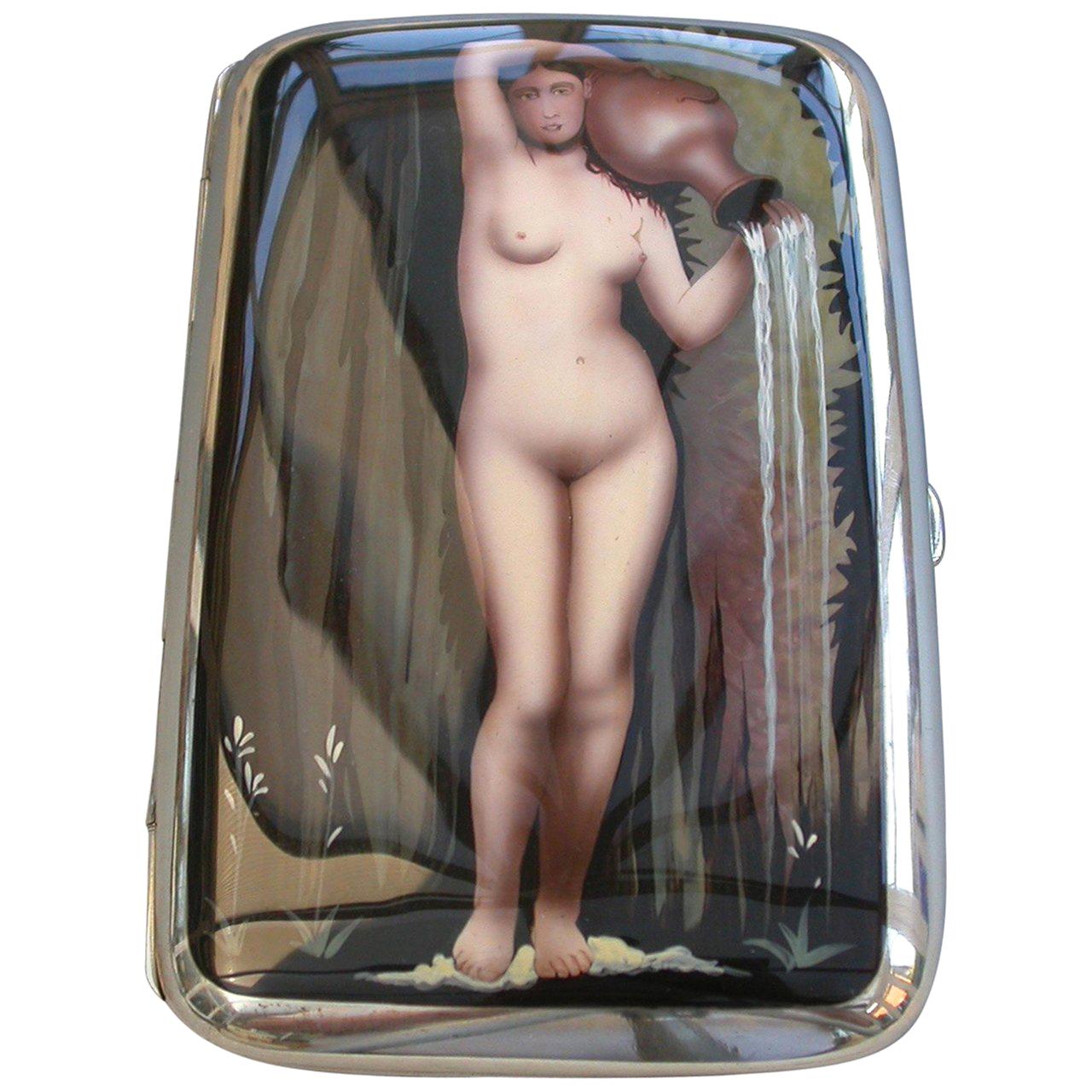 Art Deco Silver and Enamel Cigar Case Naked Lady by Walker 
Hall Sheffield 1916 For Sale