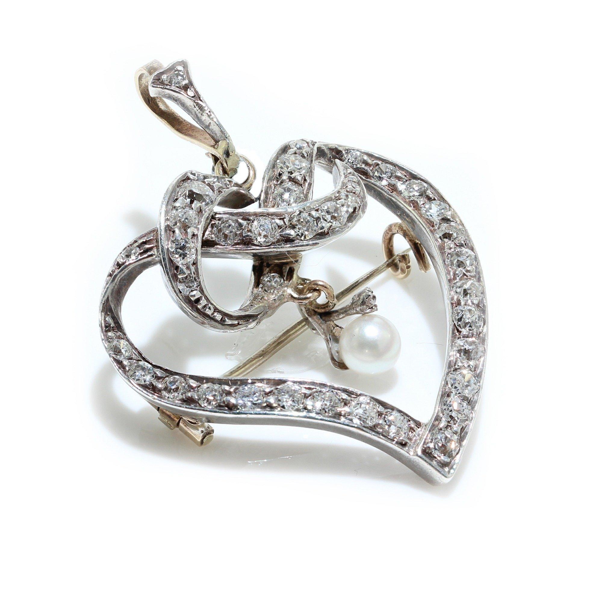 Old Mine Cut Art Deco Silver and Gold Heart Brooch with diamonds  For Sale