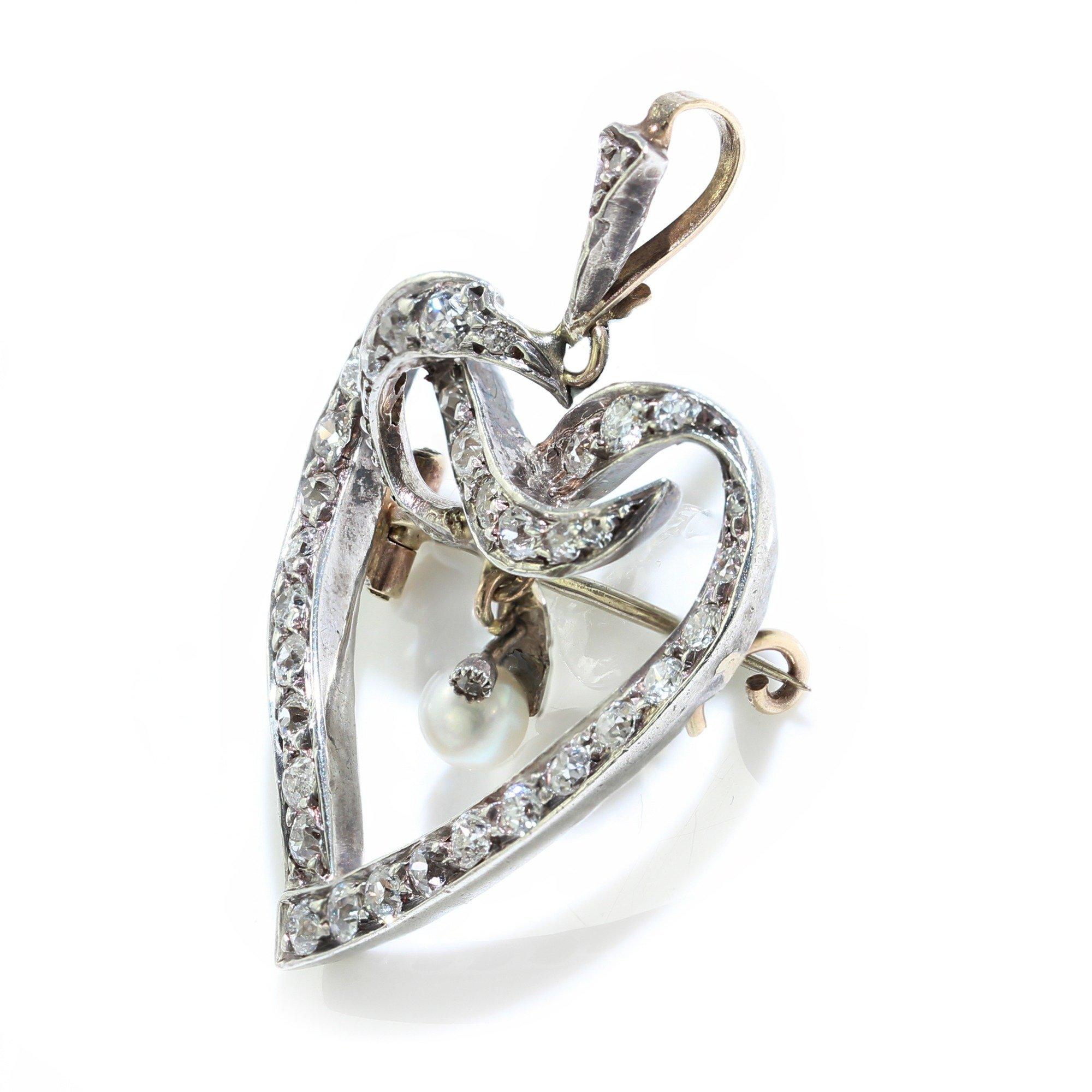 Broche en forme de cœur Art déco en argent et or avec diamants  Pour femmes en vente
