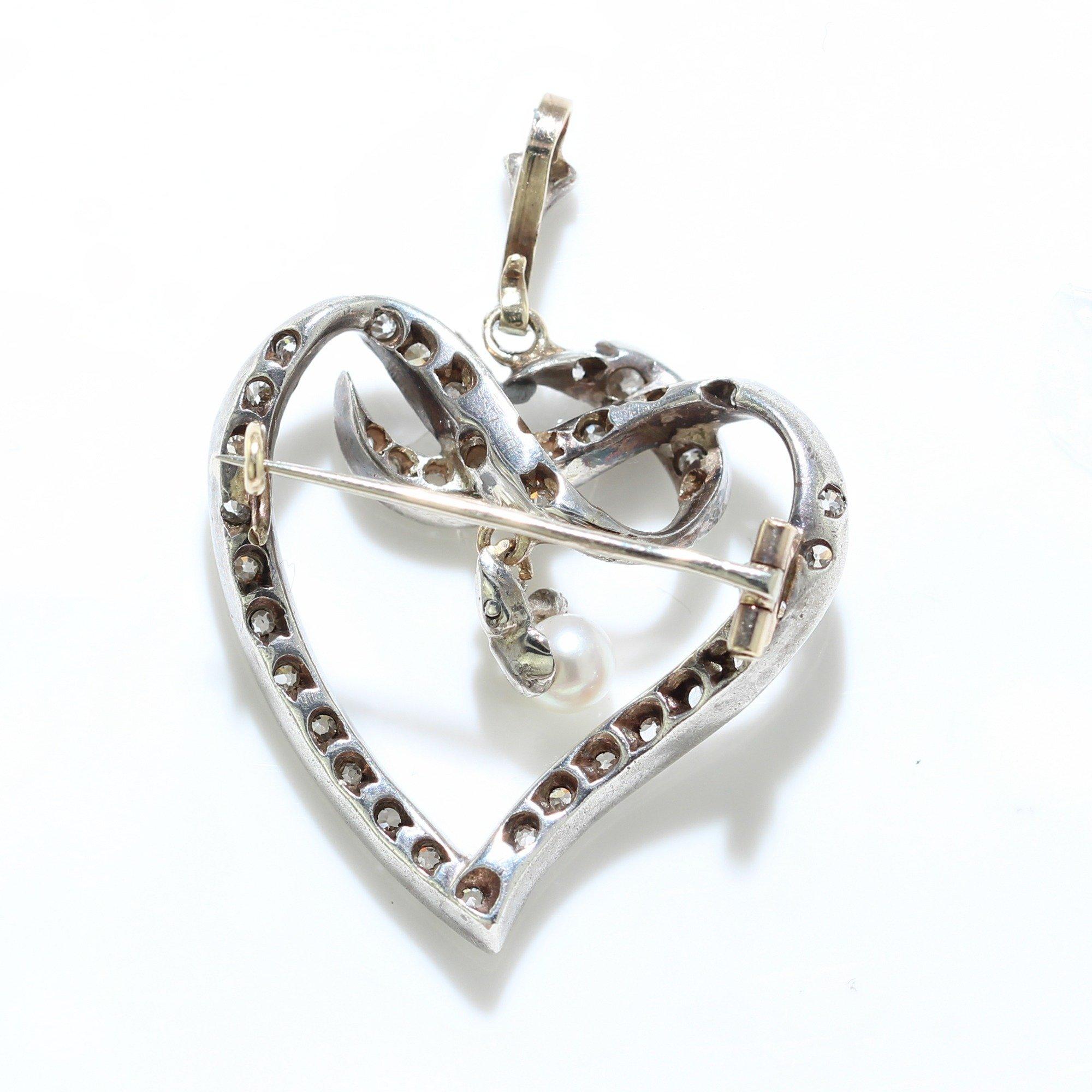 Art Deco Silver and Gold Heart Brooch with diamonds  For Sale 1