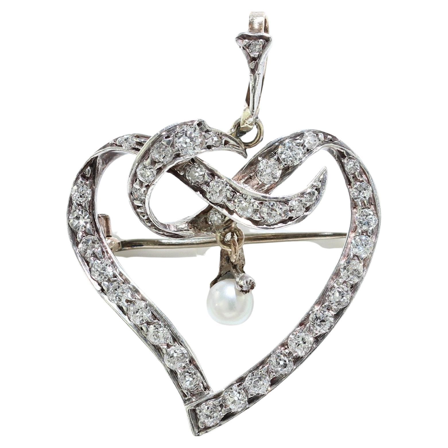 Art Deco Silver and Gold Heart Brooch with diamonds  For Sale