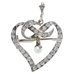 Antique Art Deco Silver and Gold Heart Brooch with diamonds 