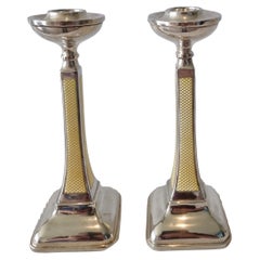 Art Deco Silver and Imperial Yellow Guilloche enamel Candlesticks
