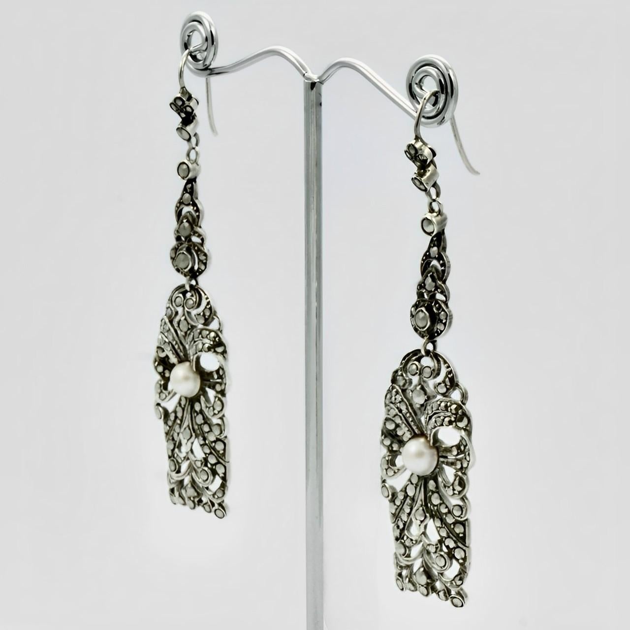 Women's or Men's Art Deco Silver and Marcasite Earrings set with Mabe Cultured Pearls circa 1920s For Sale