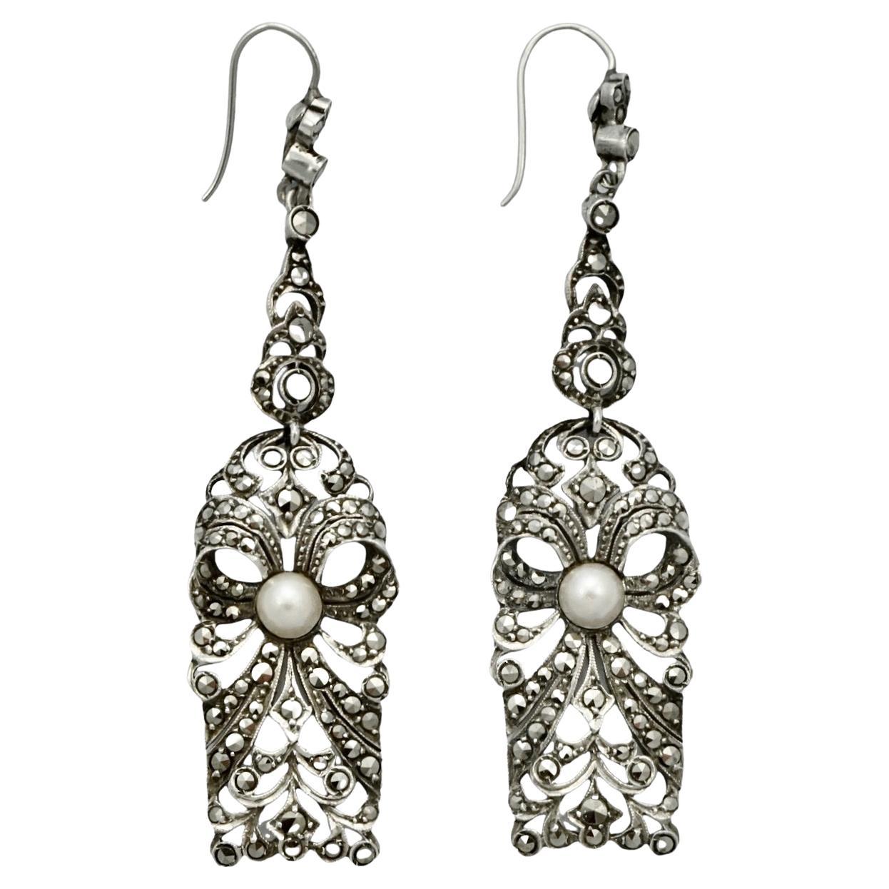 Art Deco Silver and Marcasite Earrings set with Mabe Cultured Pearls circa 1920s For Sale