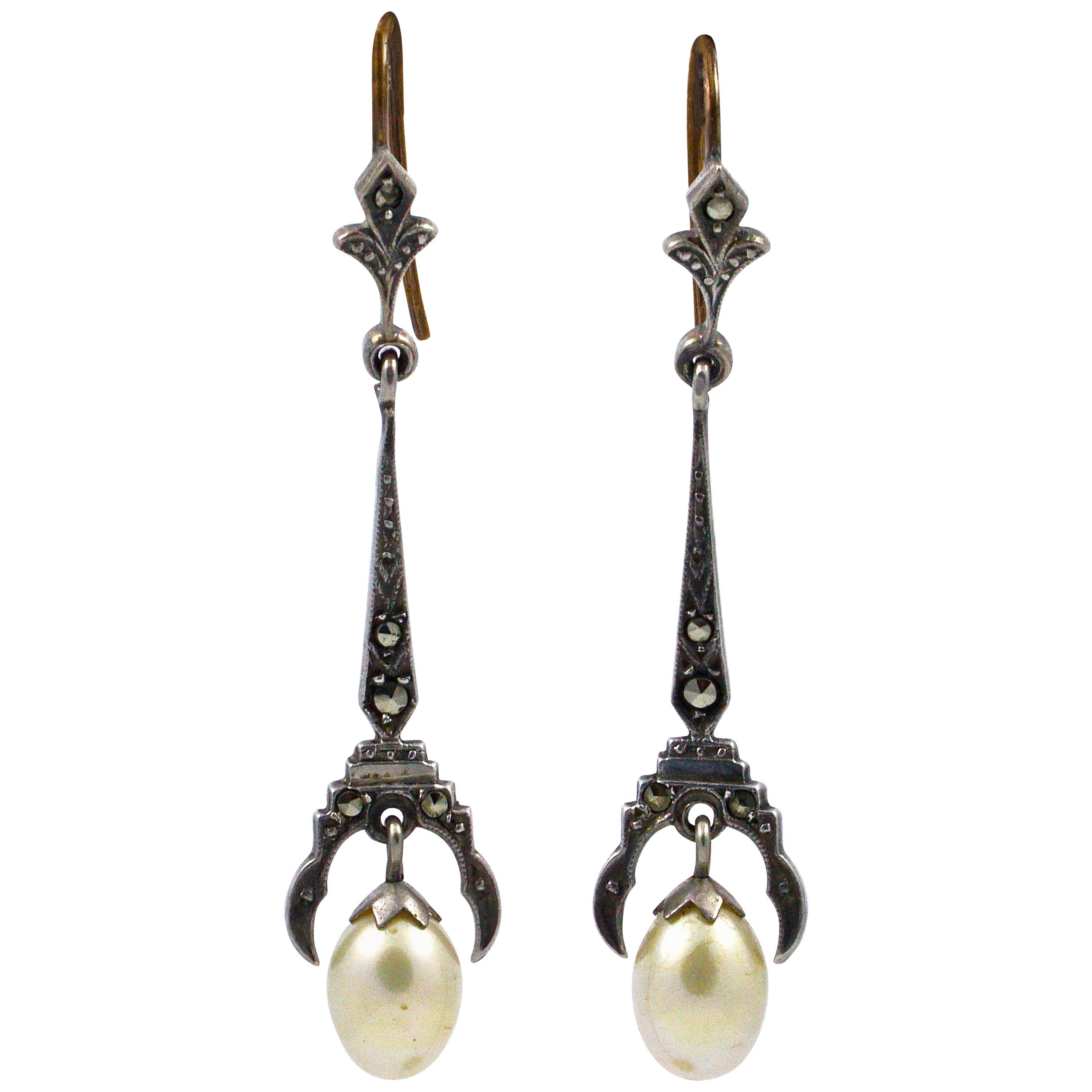 Sterling Silver Marcasite and Pearl Drop Earrings 
