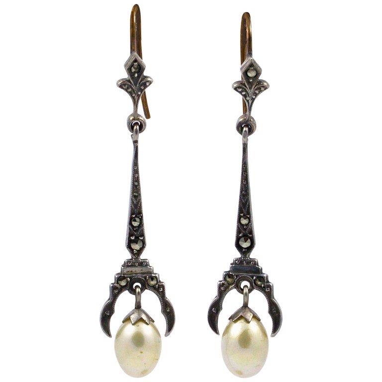 Art Deco Silver and Marcasite Earrings set with Cream Faux Pearl Drops For  Sale at 1stDibs | pearl and marcasite earrings, art deco pearl drop earrings,  art deco marcasite earrings