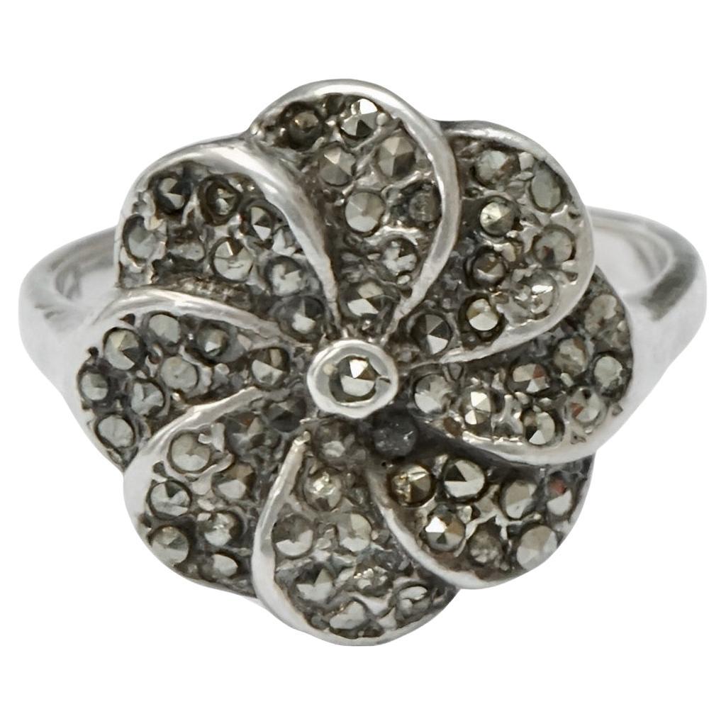 Art Deco Silver and Marcasite Flower Ring circa 1930s