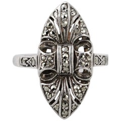 Vintage Art Deco Silver and Marcasite Marquise Design Ring circa 1930s