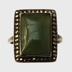 Art Deco Silver and Marcasite Ring with a Semi-Precious Green Stone circa 1930s