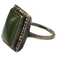 Art Deco Silver and Marcasite Ring with a Semi-Precious Green Stone circa 1930s