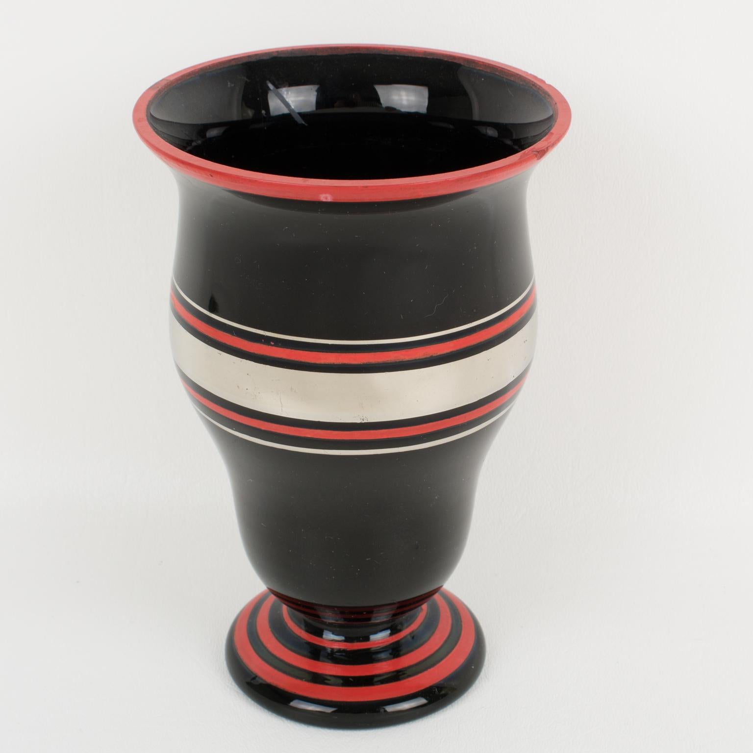 French Art Deco Silver and Red Overlay Black Glass Vase, France 1930s For Sale