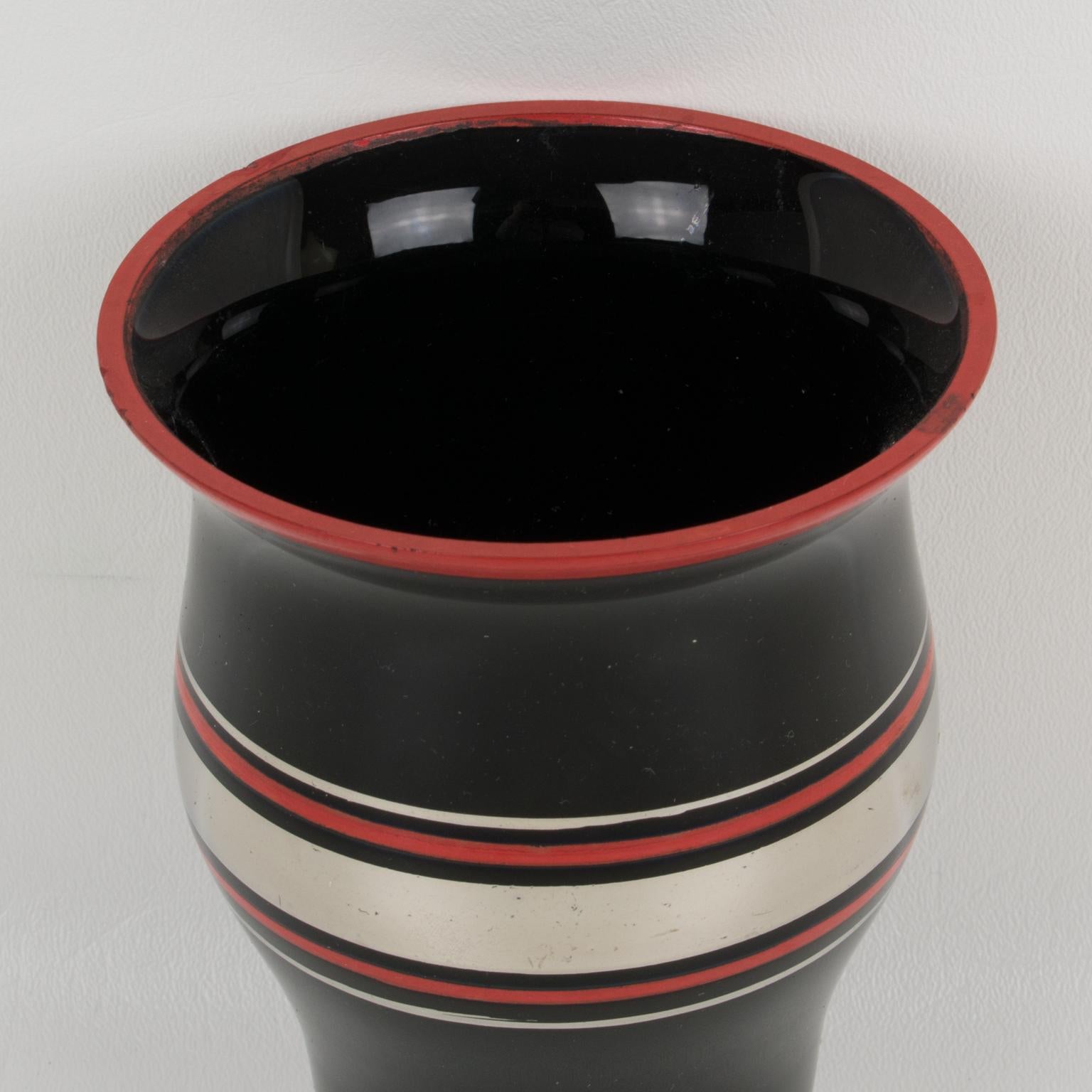 Mid-20th Century Art Deco Silver and Red Overlay Black Glass Vase, France 1930s For Sale