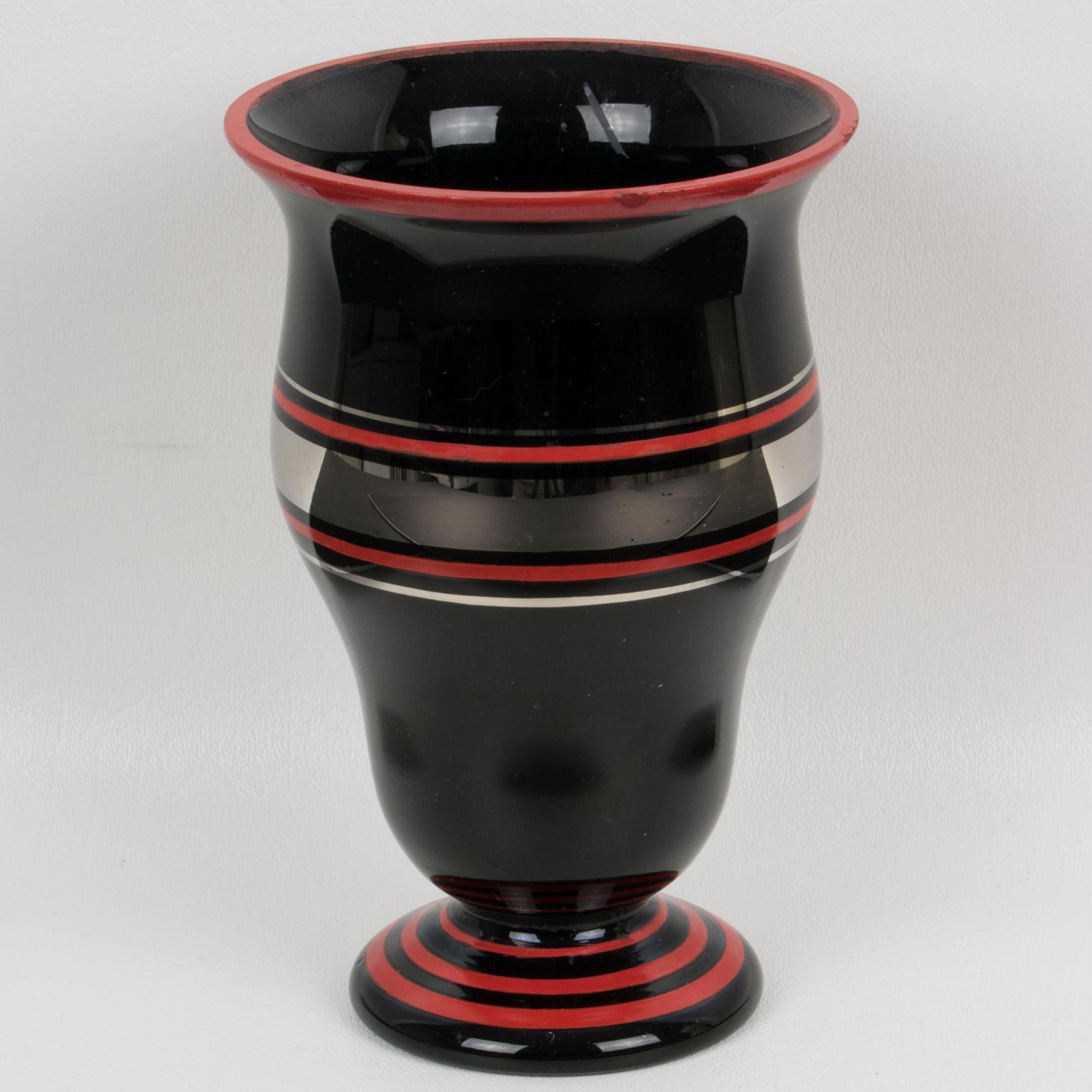 Art Deco Silver and Red Overlay Black Glass Vase, France 1930s For Sale 3