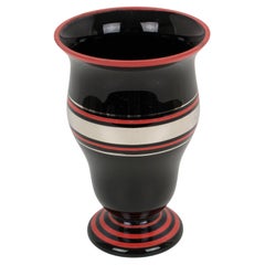 Art Deco Silver and Red Overlay Black Glass Vase, France 1930s