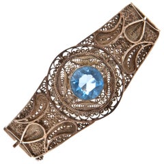 Antique Art Nouveau Style Silver Blue Stone Filigree Hinged Bracelet