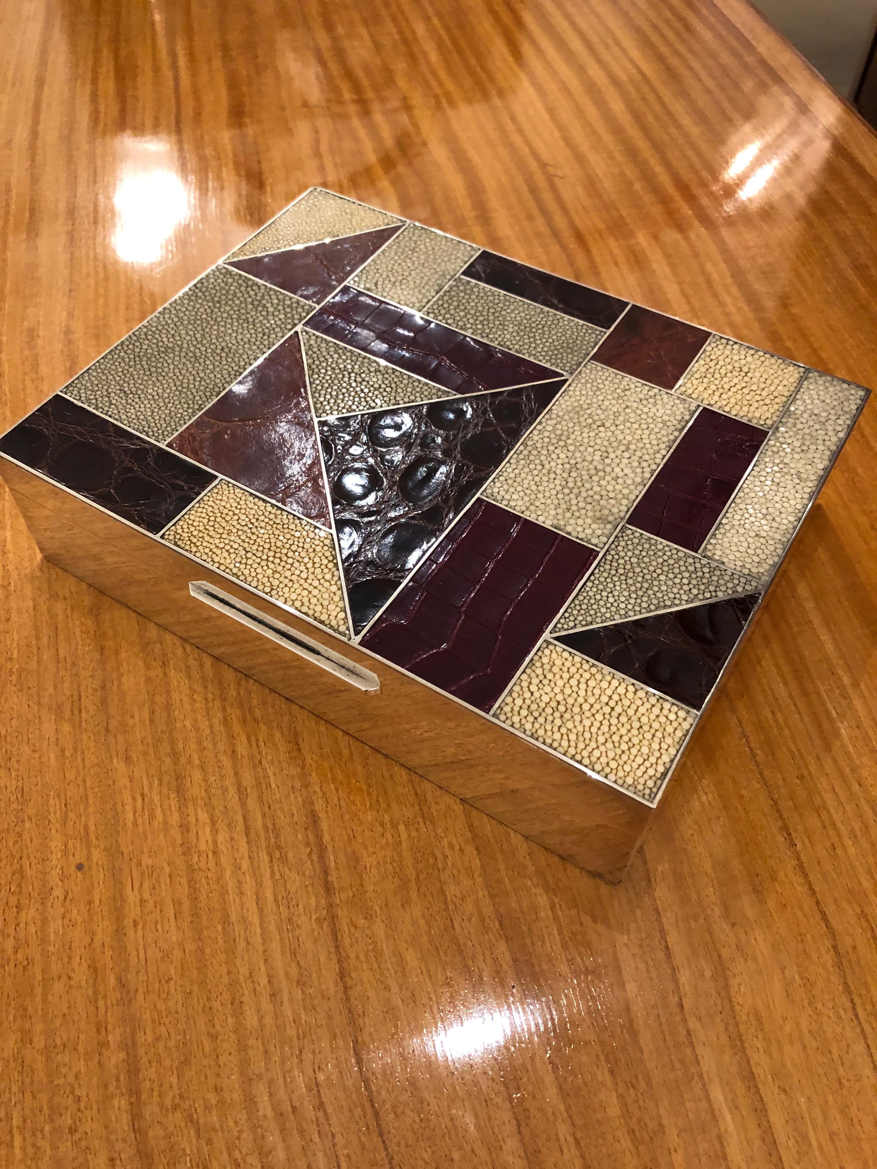 Decorative Art Deco silver box
with patchwork top featuring both
shagreen and crocodile skin details.
Marked Crevillen, Paris.
 