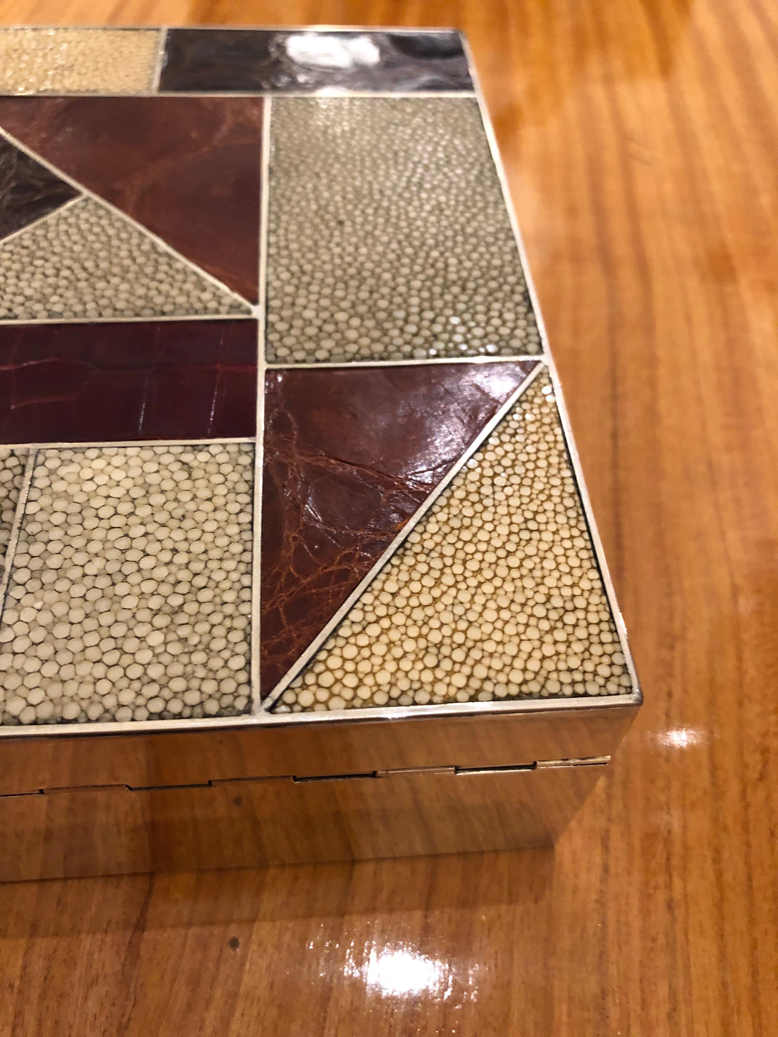 Mid-20th Century Art Deco Silver Box with Exotic Skin Patchwork