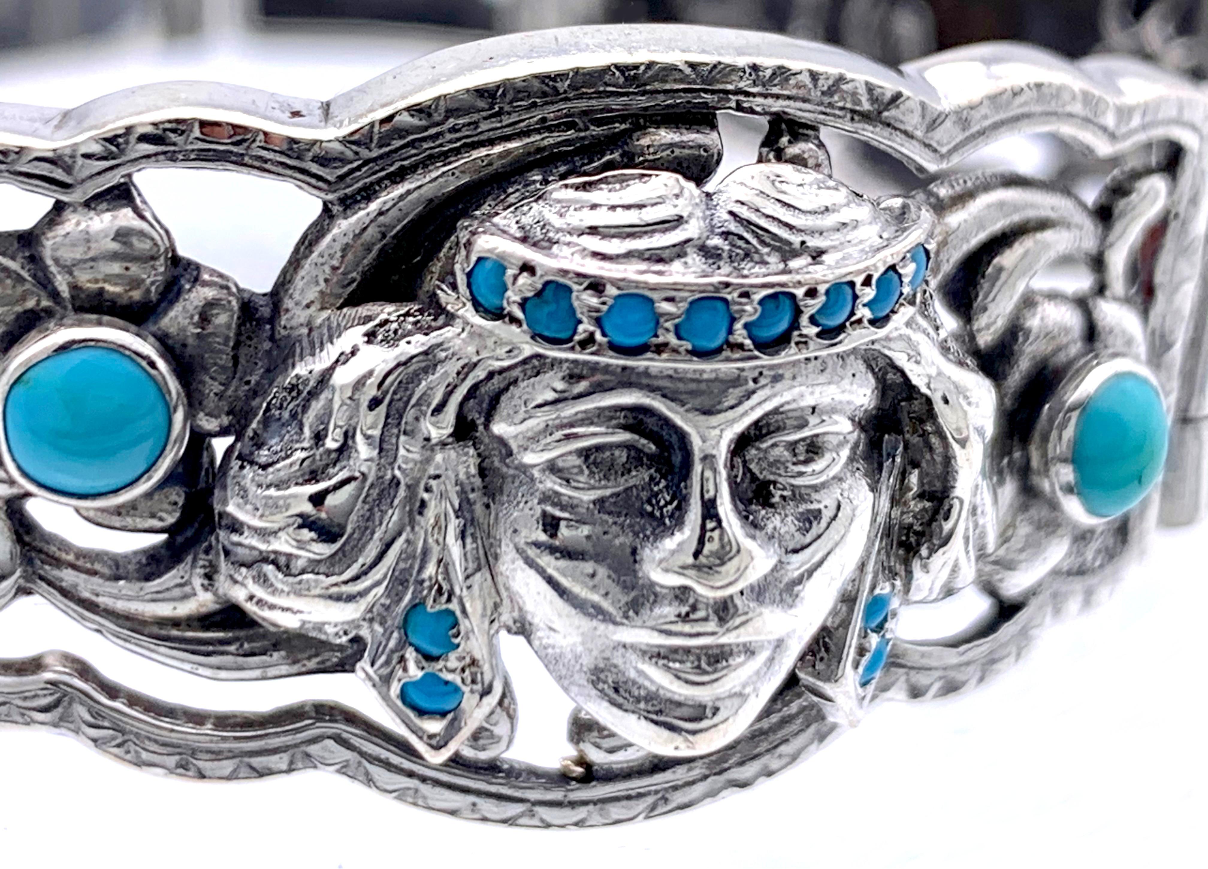 Art Deco Silver Turquoise Cabochon Bracelet with Native American Austria In Good Condition For Sale In Munich, Bavaria
