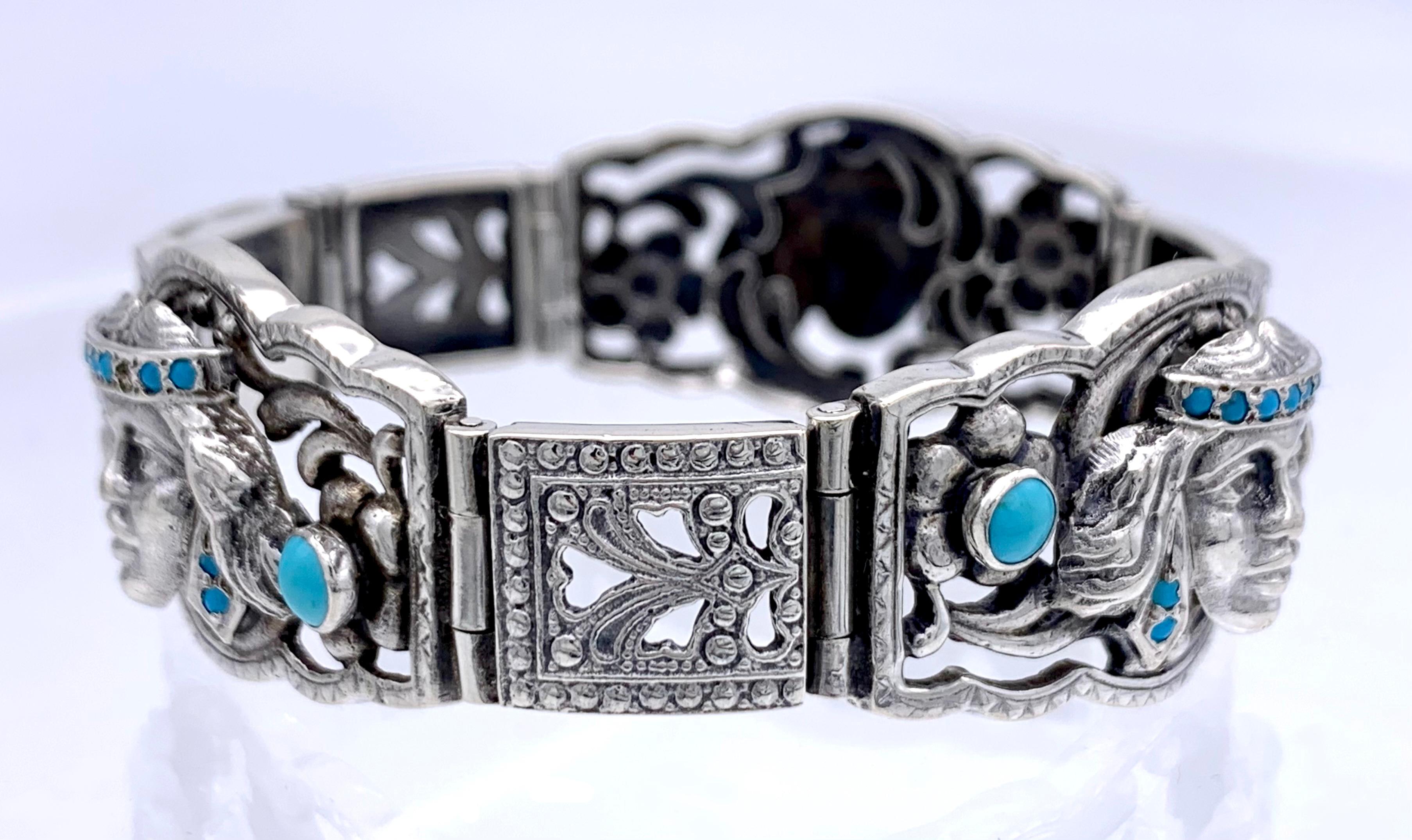Women's Art Deco Silver Turquoise Cabochon Bracelet with Native American Austria For Sale