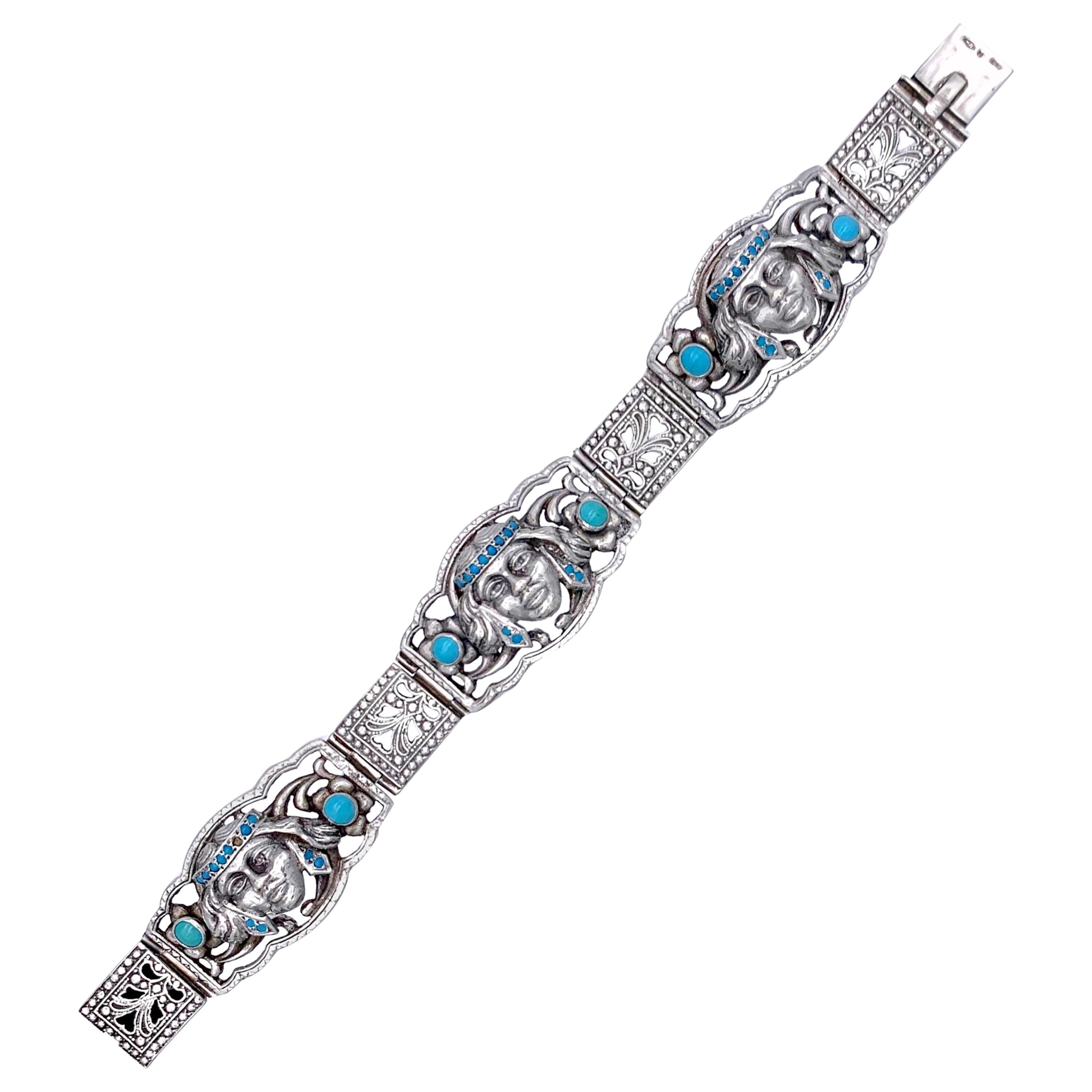 Art Deco Silver Turquoise Cabochon Bracelet with Native American Austria For Sale