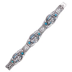 Antique Art Deco Silver Turquoise Cabochon Bracelet with Native American Austria