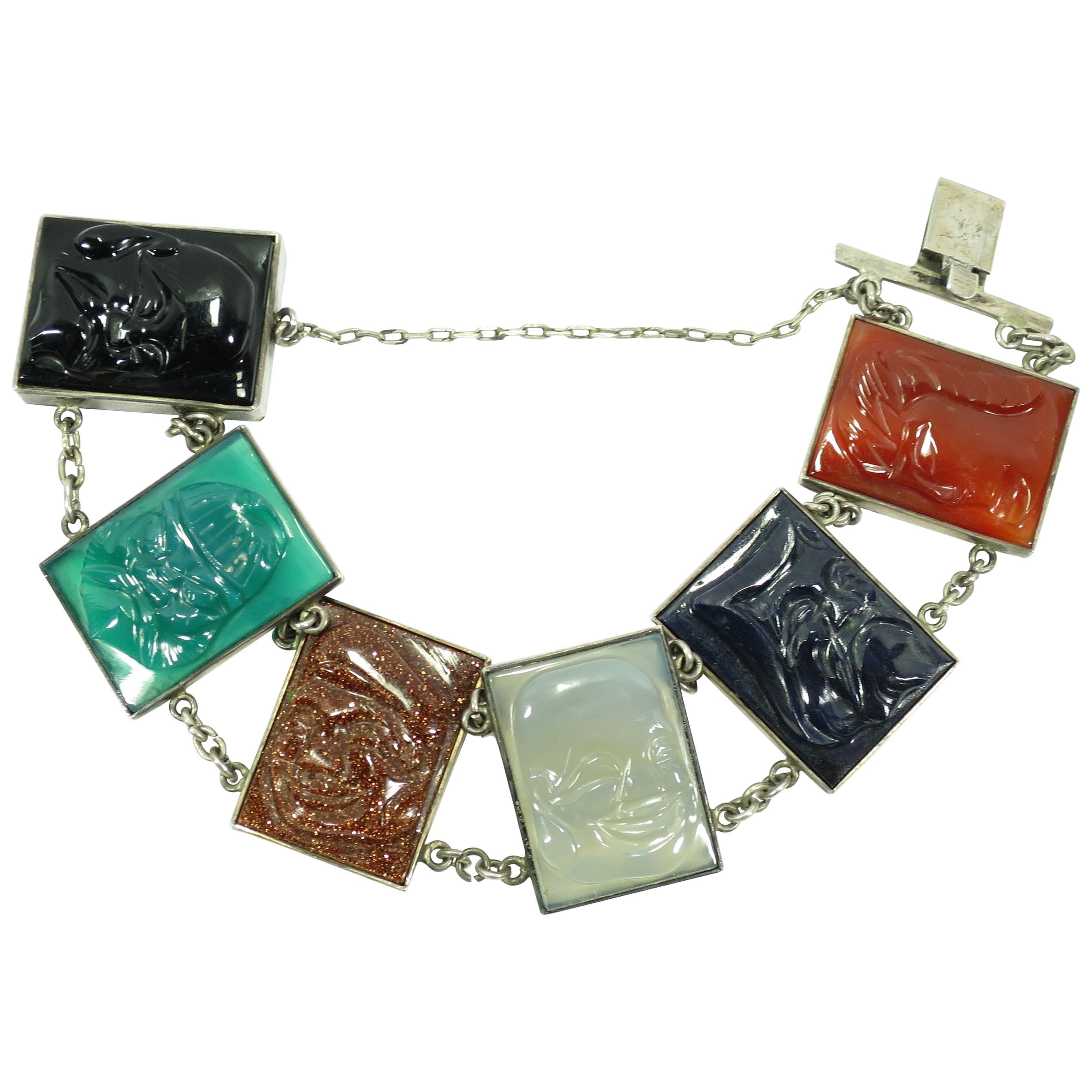 Art Deco Silver Carved Semi-Precious Stones Bracelet, Chinese Deities 1920s For Sale
