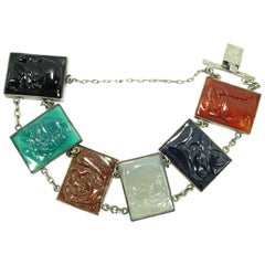 Antique Art Deco Silver Carved Semi-Precious Stones Bracelet, Chinese Deities 1920s