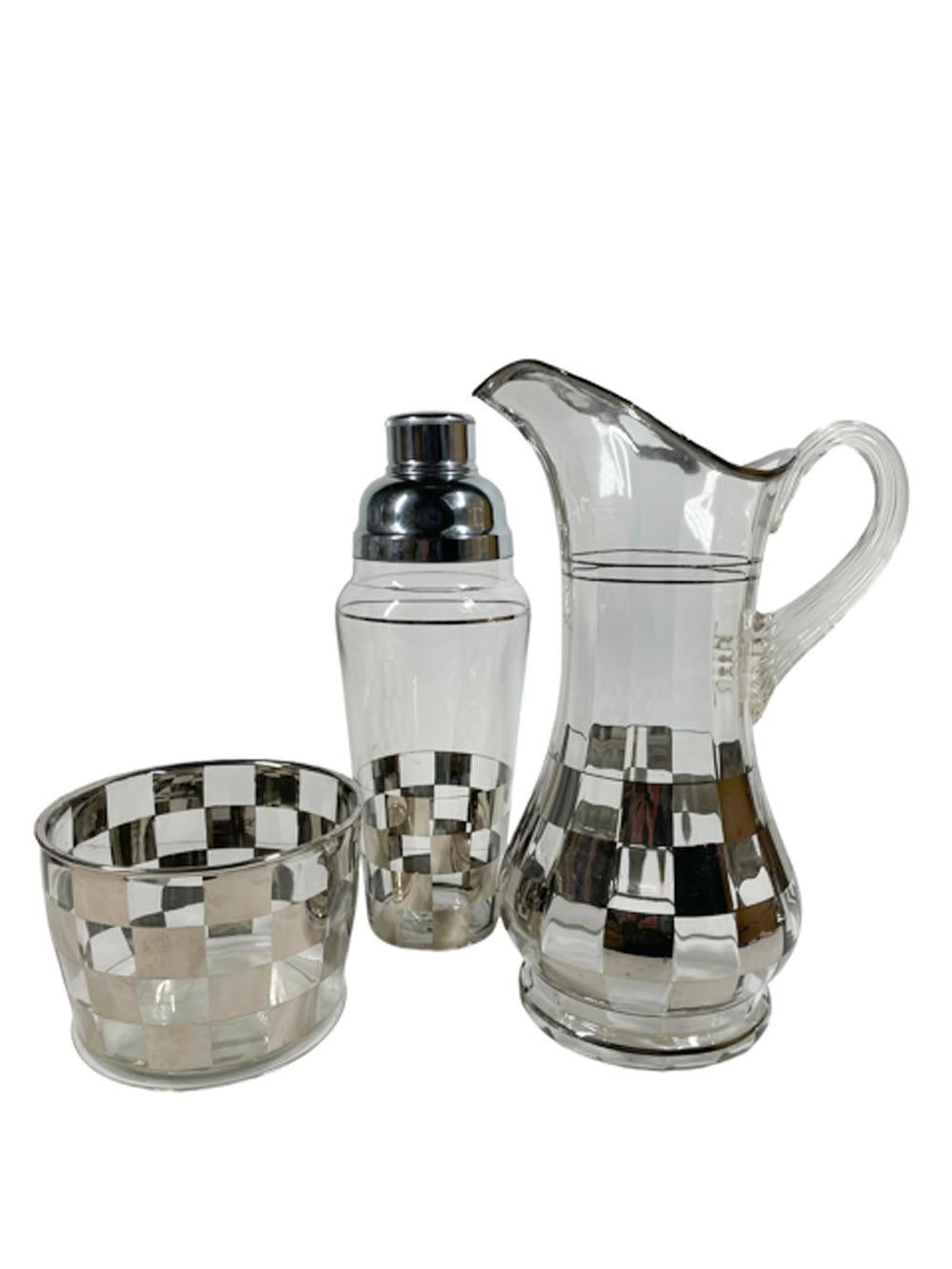 Art Deco Silver Check Cocktail Shaker, Pitcher, Ice Bowl & Six Highball Glasses For Sale 8