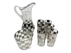Art Deco Silver Check Cocktail Shaker, Pitcher, Ice Bowl & Six Highball Glasses