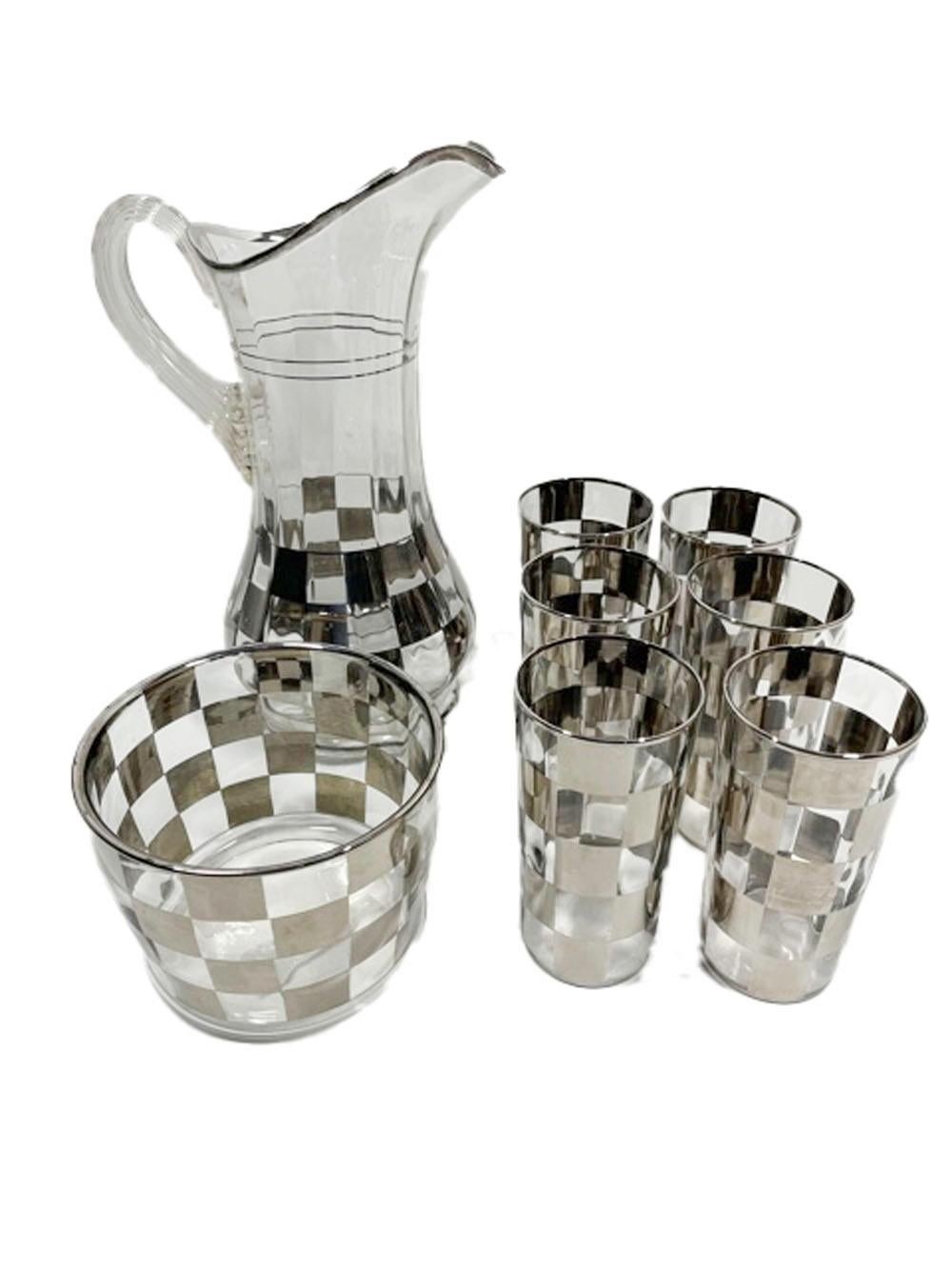 20th Century Art Deco Silver Check Cocktail Shaker, Pitcher, Ice Bowl & Six Highball Glasses For Sale