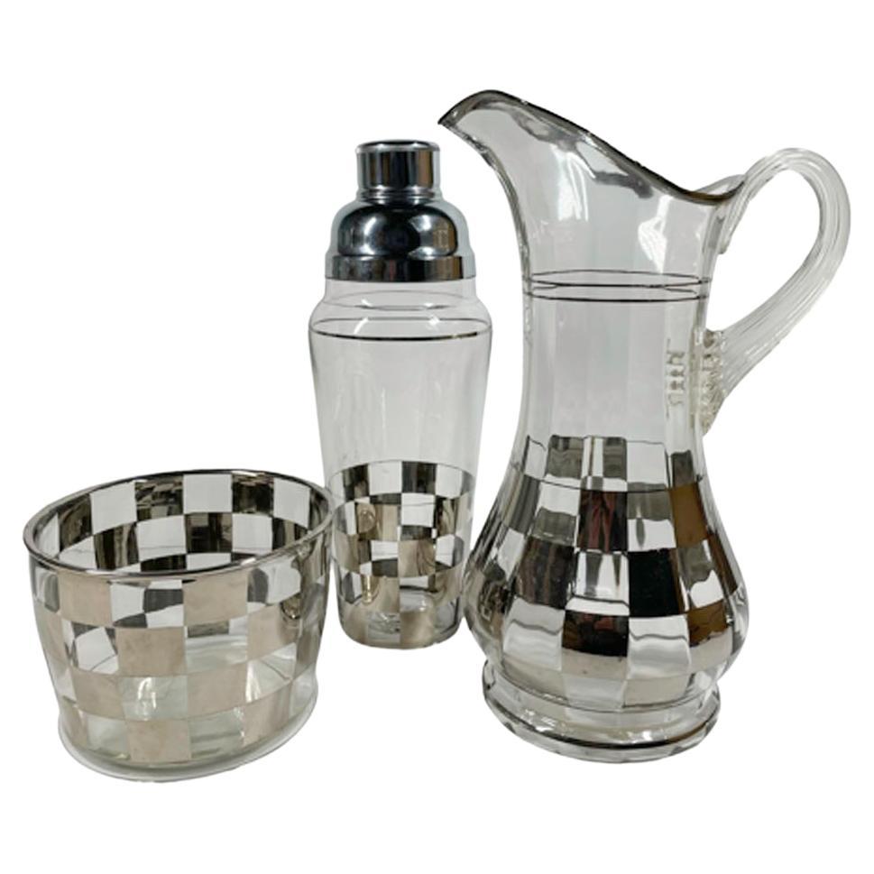 Art Deco Silver Check Cocktail Shaker, Pitcher, Ice Bowl & Six Highball Glasses