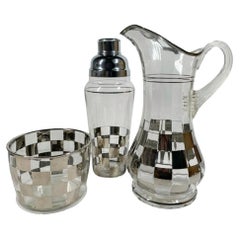 Antique Art Deco Silver Check Cocktail Shaker, Pitcher, Ice Bowl & Six Highball Glasses
