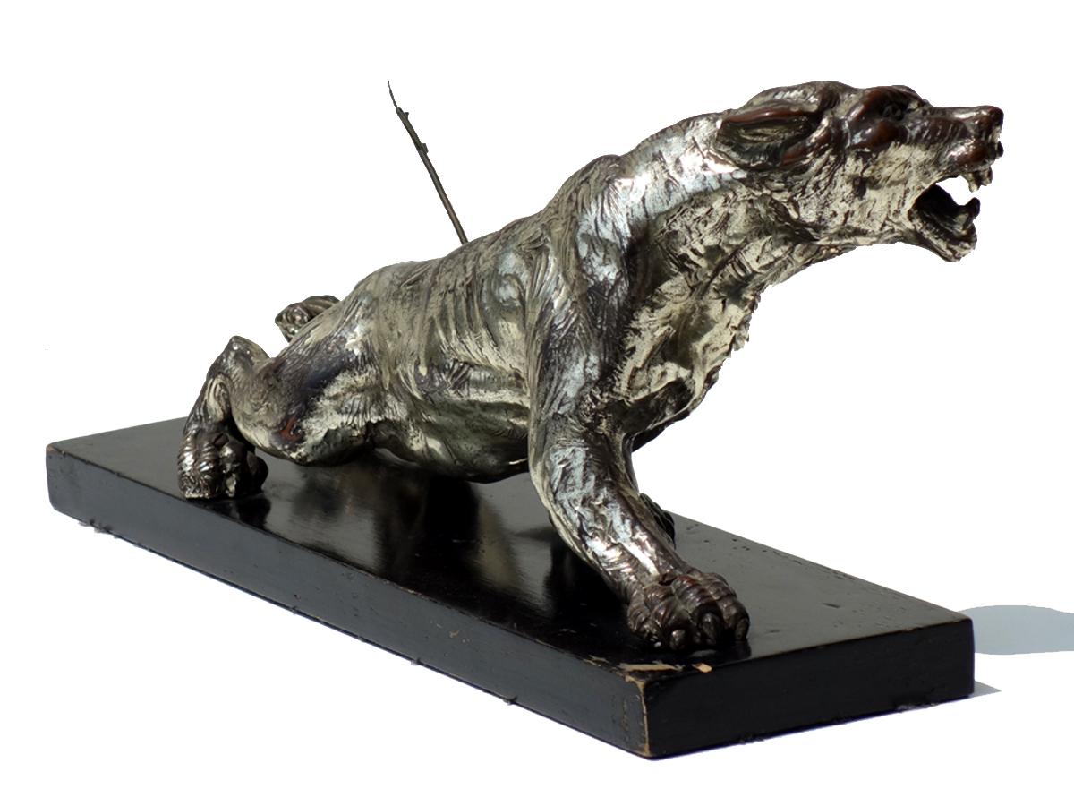 Mid-20th Century Art Deco Silver Earthenware Panther Figure Sculpture For Sale