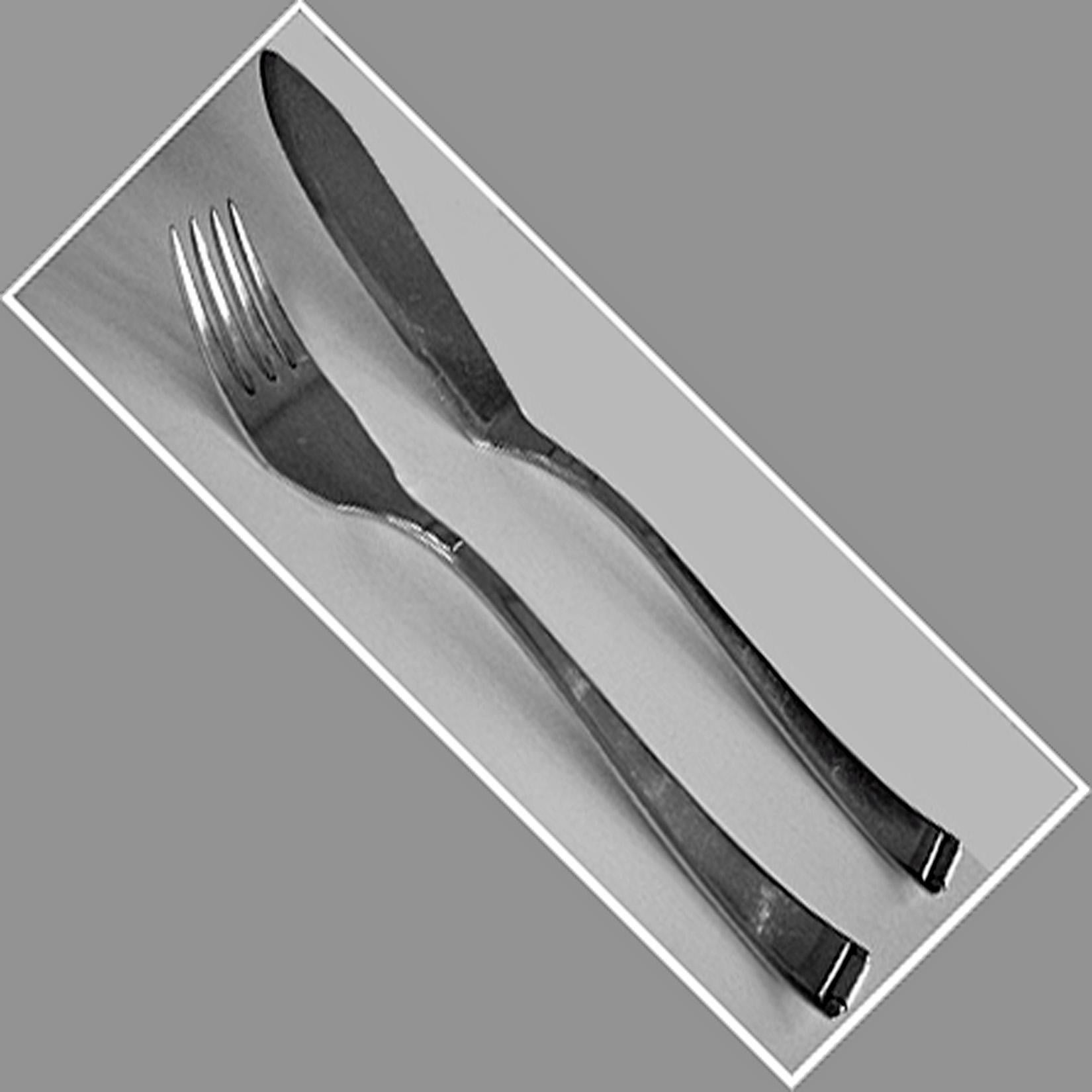 Antique silver Art Deco fish service for 12, Germany, circa 1920. The service comprising 12 fish knives and 12 fish forks all of a plain tapering art deco simple ridge design. Length of Fork: 7 inches. Length of Knife: 8 .25 inches. Total Service