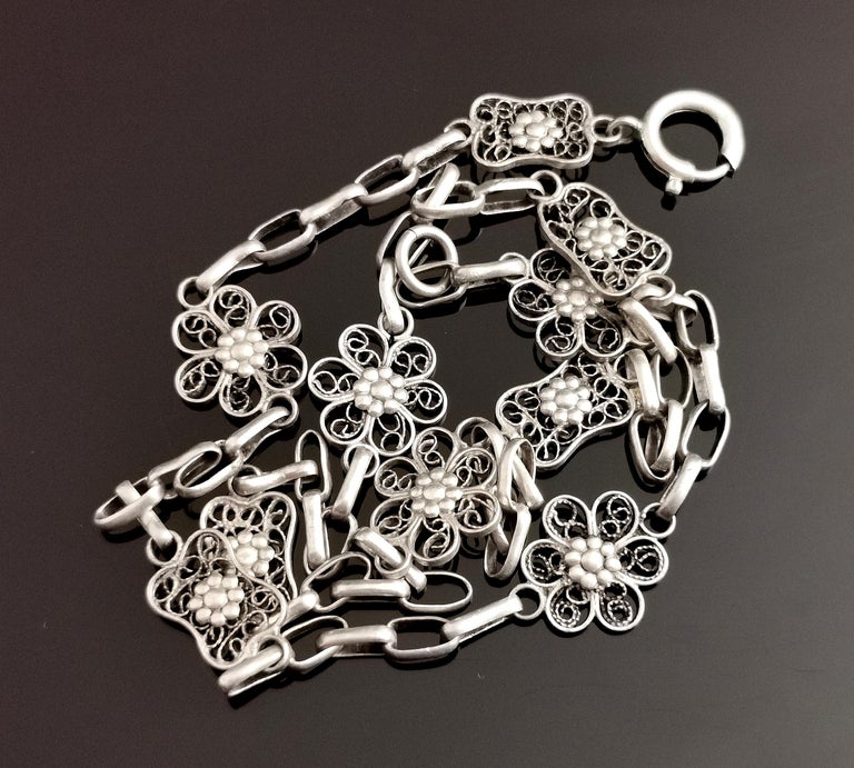 Art Deco Silver Floral Filigree and Belcher Link Chain Necklace at 1stDibs