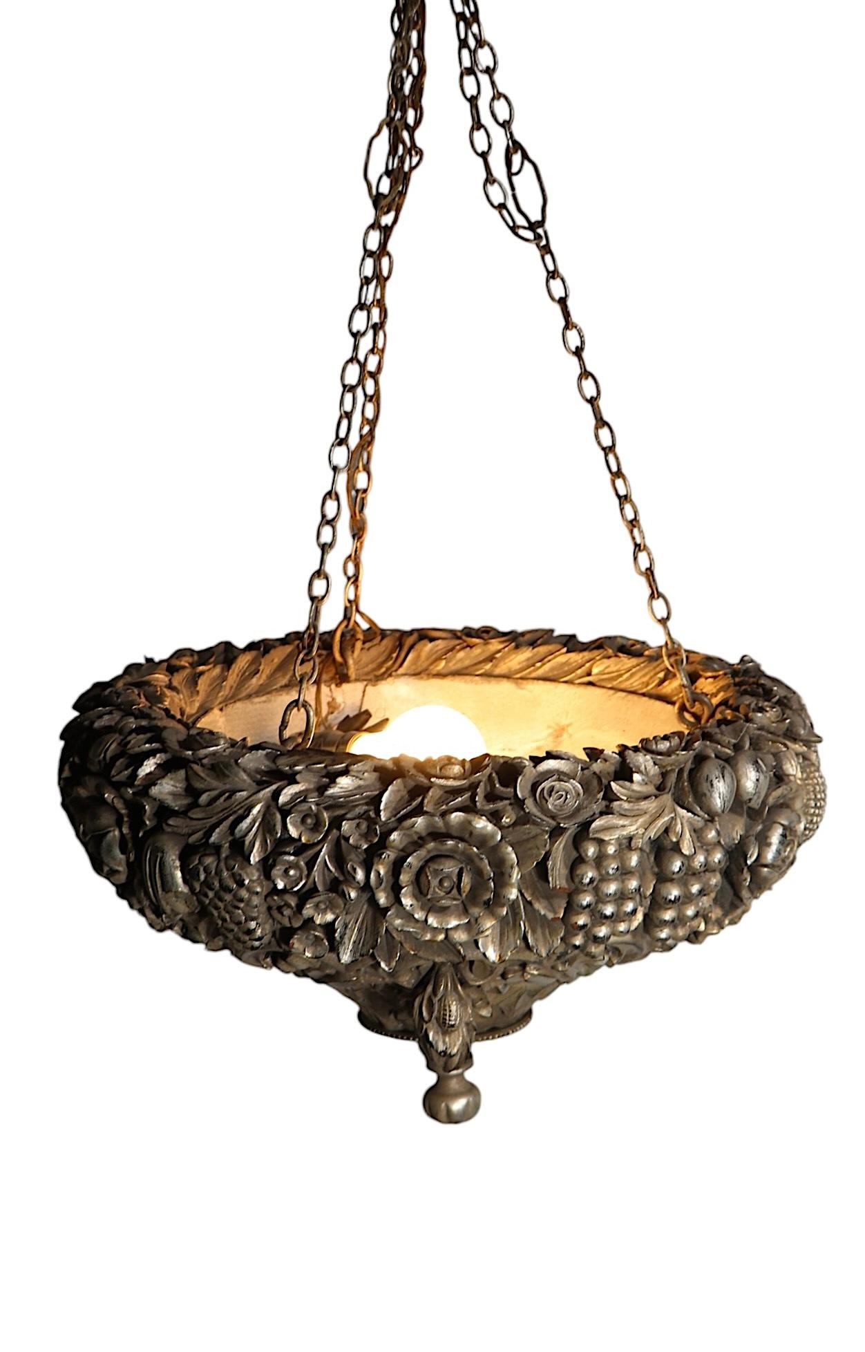 Art Deco Silver Gilt Carved Wood Inverted Bowl Chandelier by James Mont For Sale 4