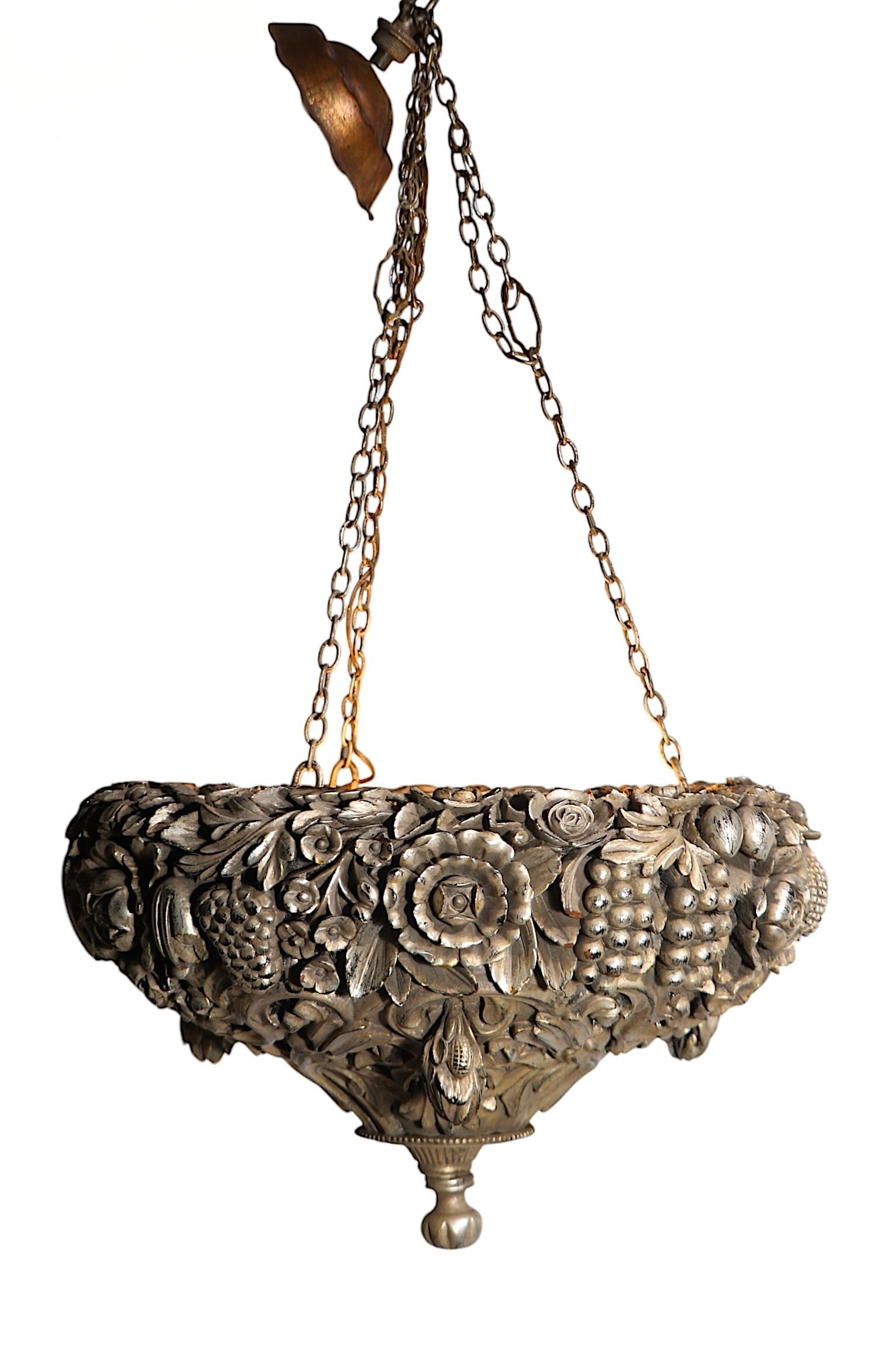Art Deco Silver Gilt Carved Wood Inverted Bowl Chandelier by James Mont For Sale 5