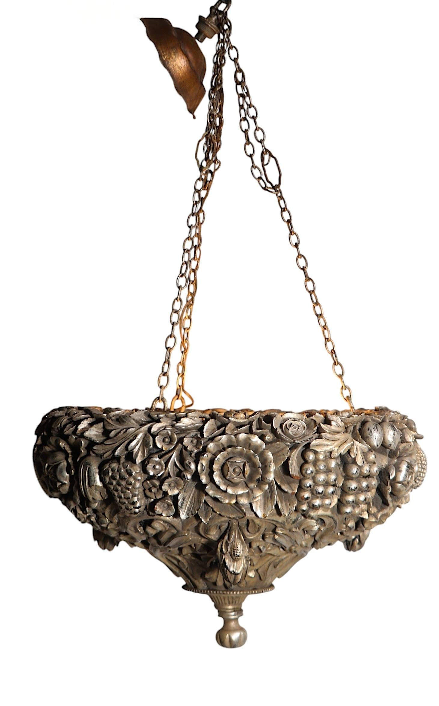 Art Deco Silver Gilt Carved Wood Inverted Bowl Chandelier by James Mont For Sale 6