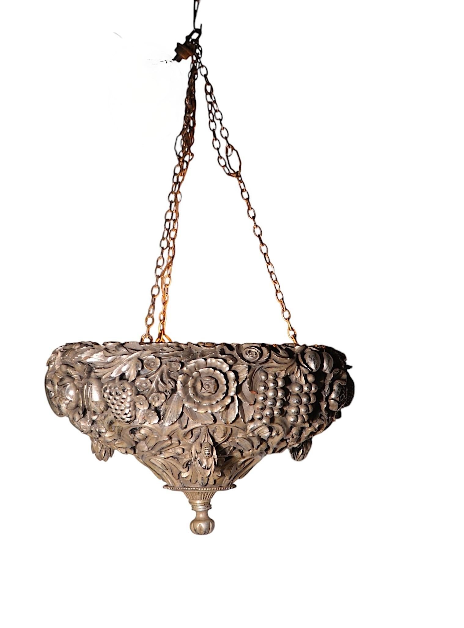 Art Deco Silver Gilt Carved Wood Inverted Bowl Chandelier by James Mont For Sale 8