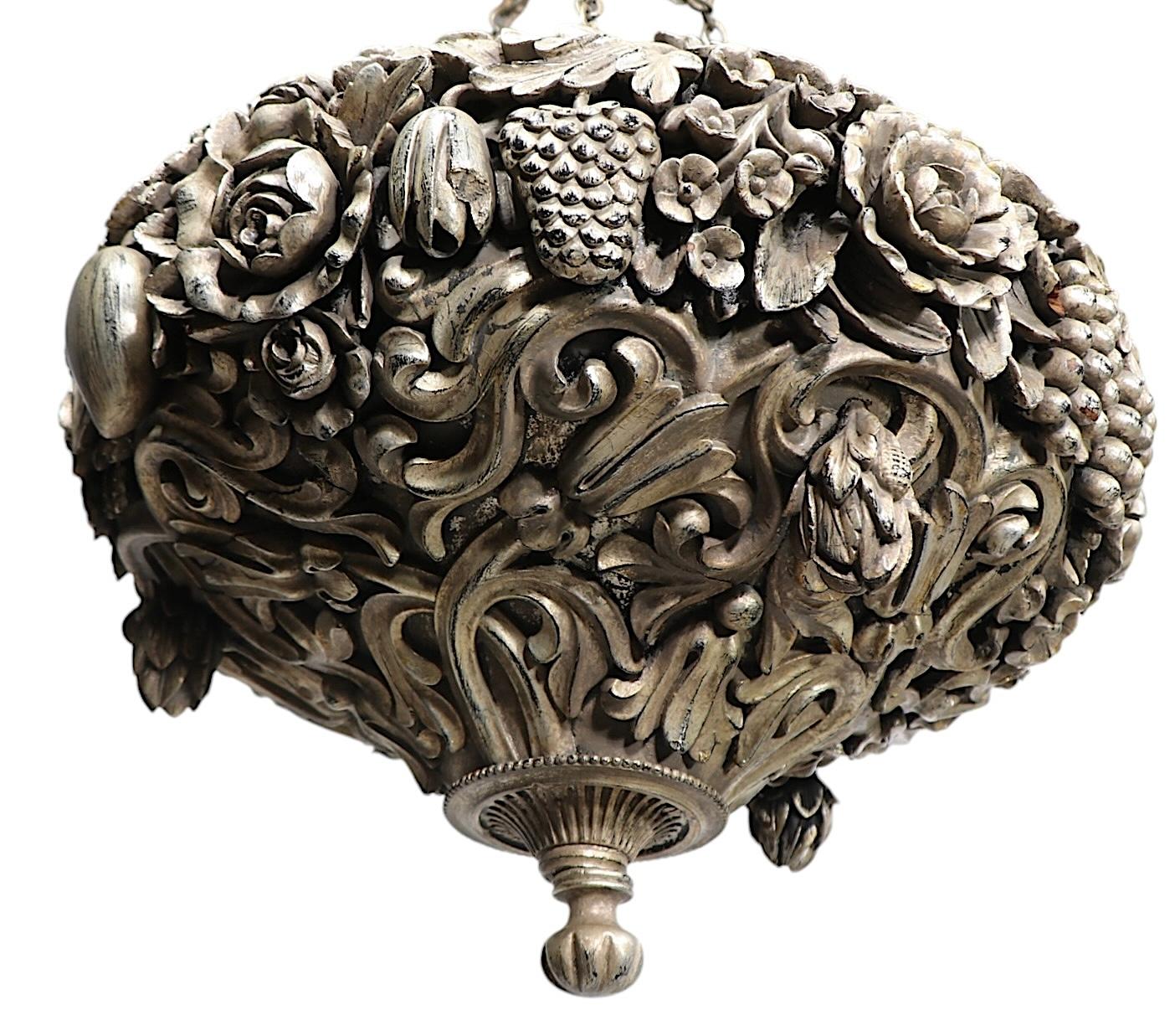 Art Deco Silver Gilt Carved Wood Inverted Bowl Chandelier by James Mont For Sale 9