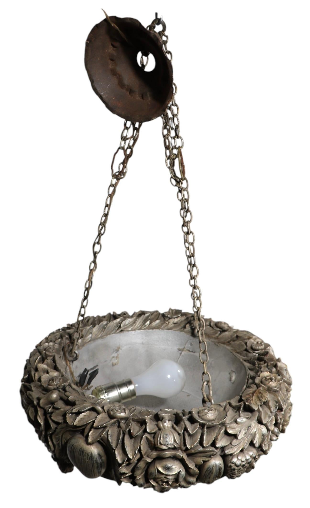 Art Deco Silver Gilt Carved Wood Inverted Bowl Chandelier by James Mont For Sale 11