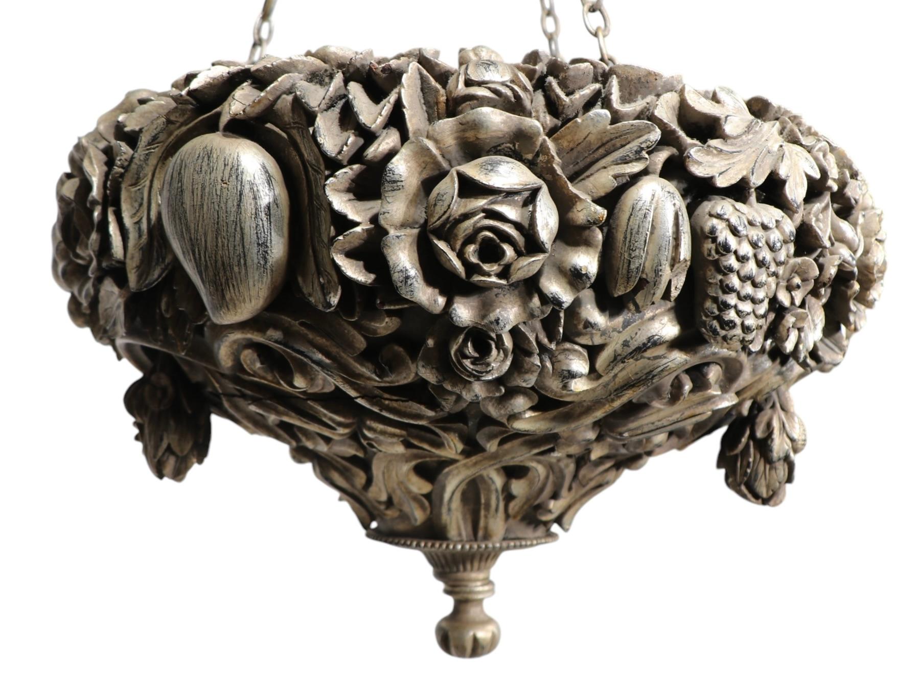 Art Deco Silver Gilt Carved Wood Inverted Bowl Chandelier by James Mont For Sale 12