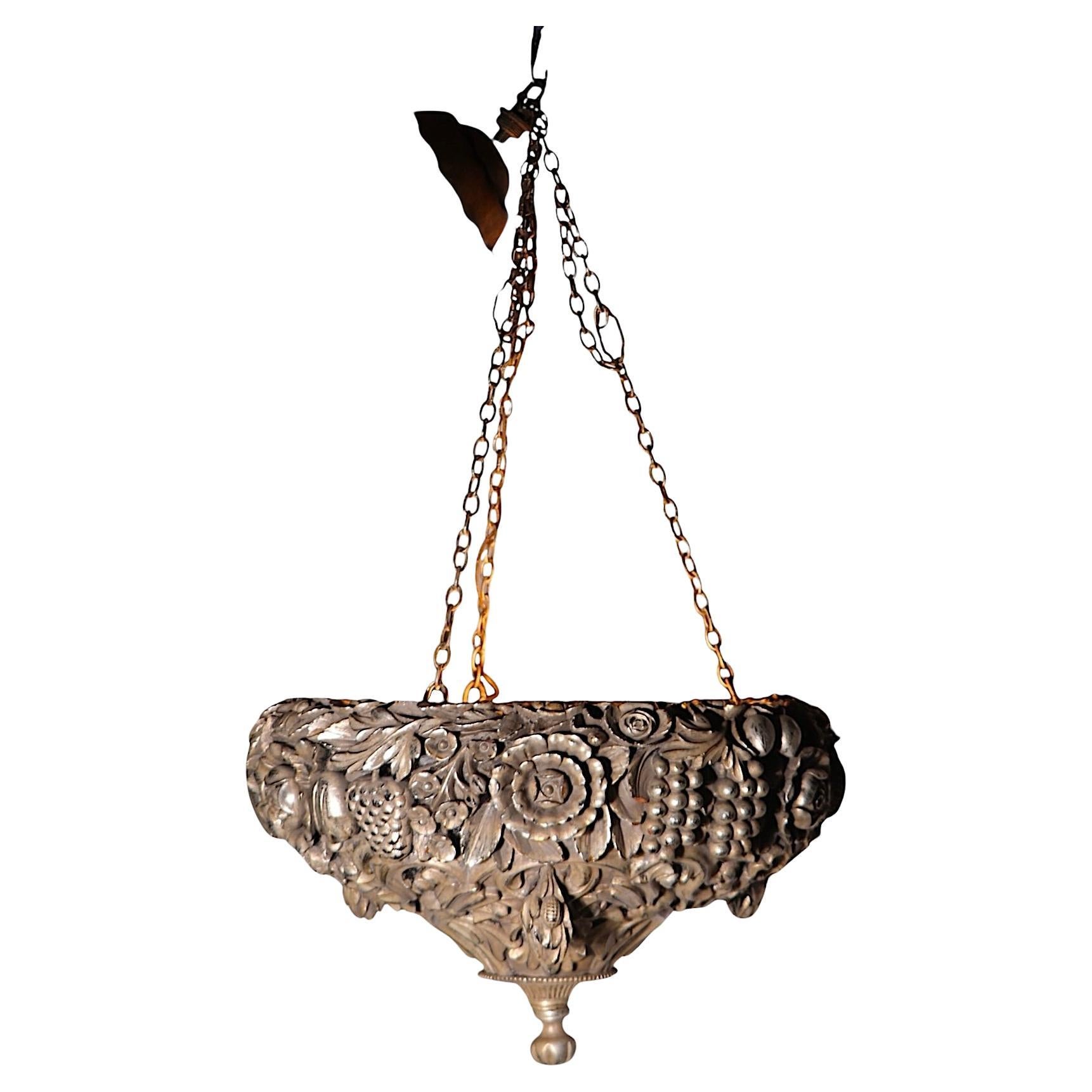 American Art Deco Silver Gilt Carved Wood Inverted Bowl Chandelier by James Mont For Sale