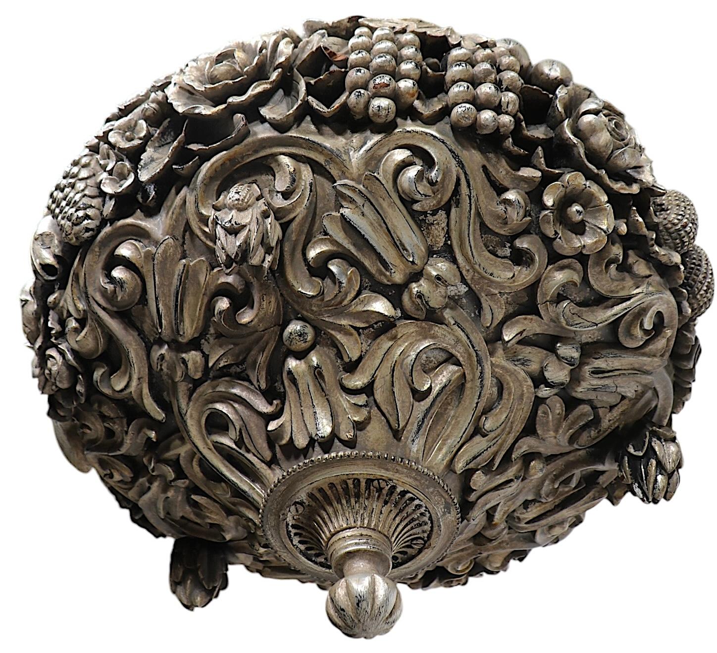 Art Deco Silver Gilt Carved Wood Inverted Bowl Chandelier by James Mont In Good Condition For Sale In New York, NY