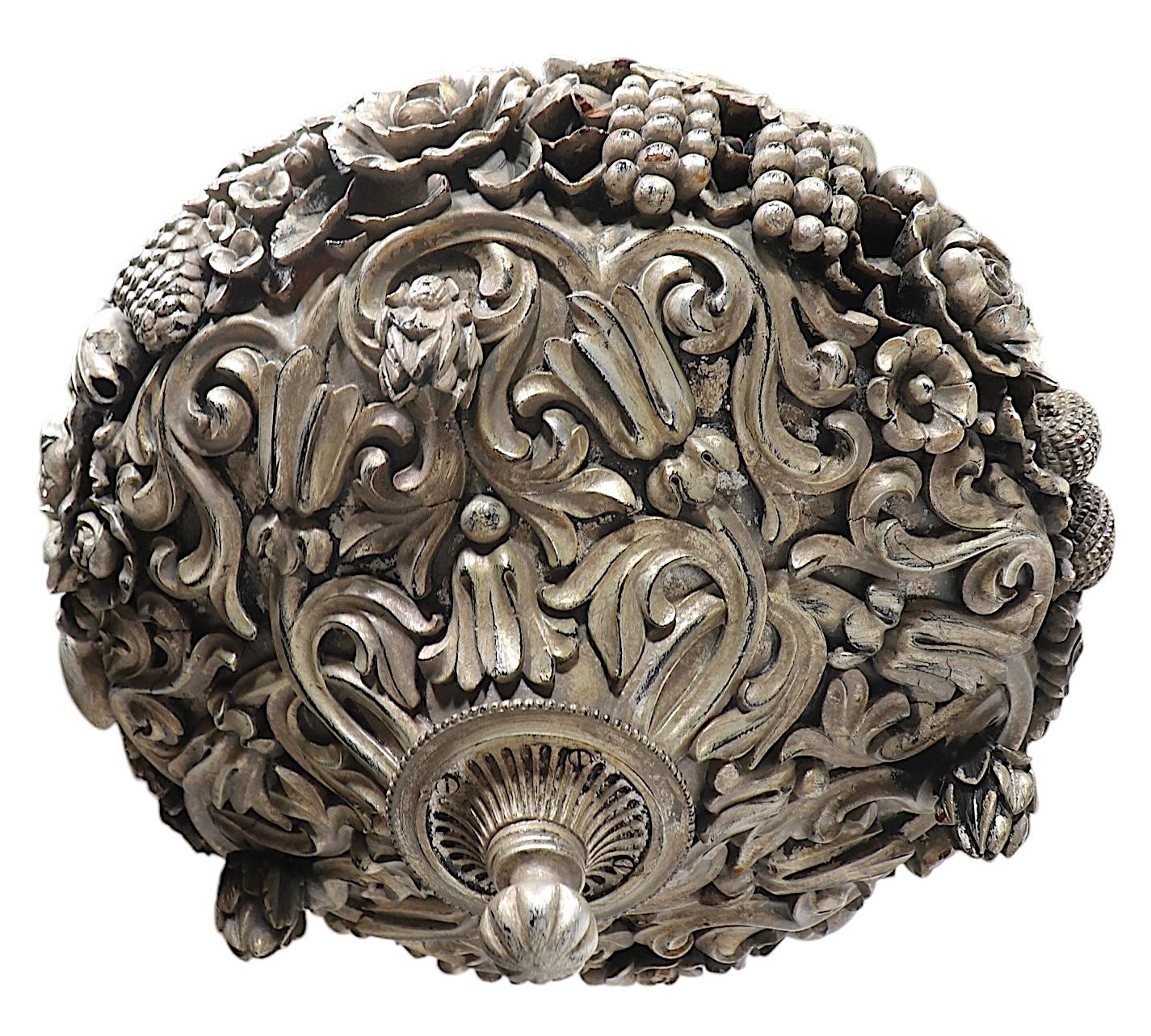 20th Century Art Deco Silver Gilt Carved Wood Inverted Bowl Chandelier by James Mont For Sale