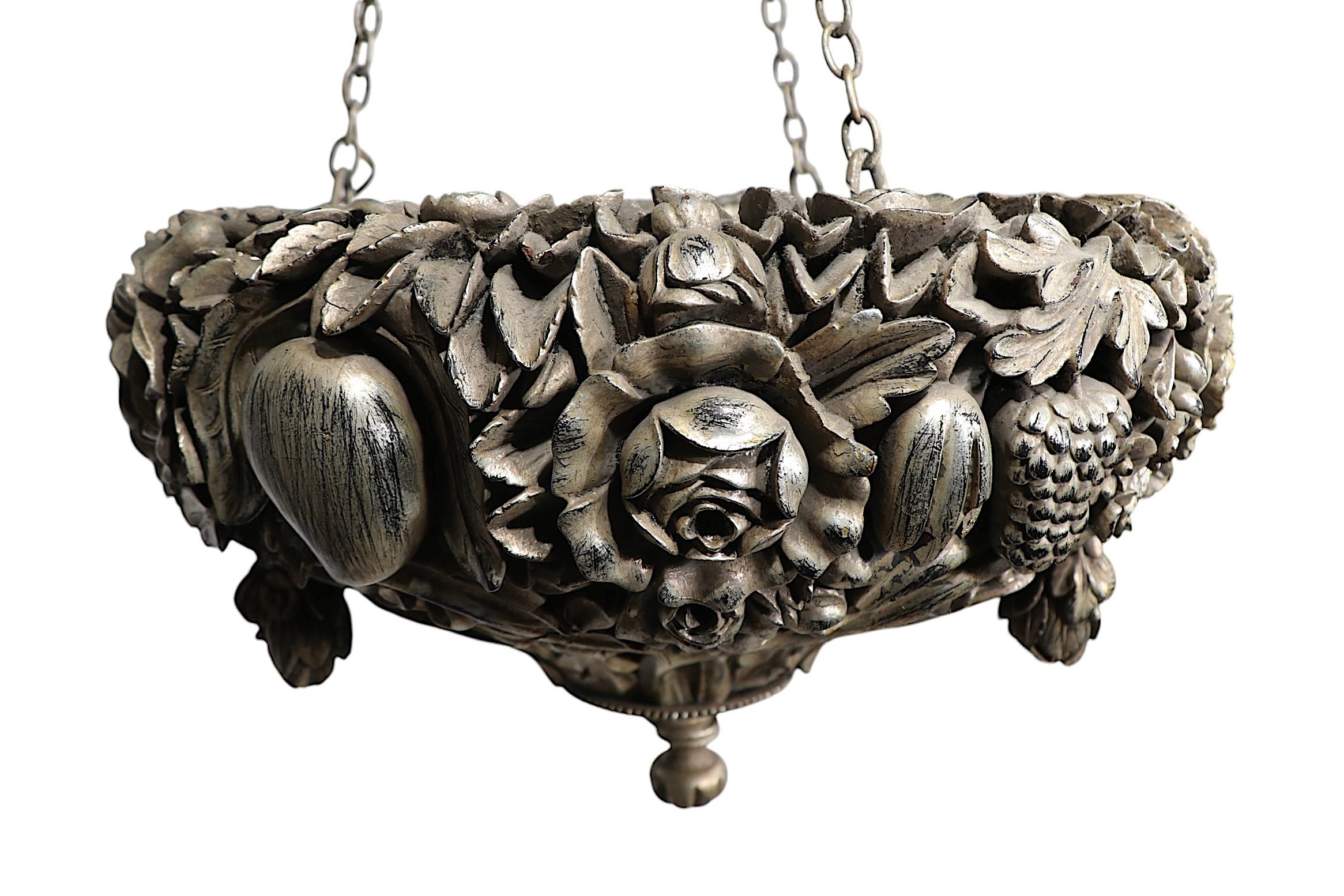 Art Deco Silver Gilt Carved Wood Inverted Bowl Chandelier by James Mont For Sale 1