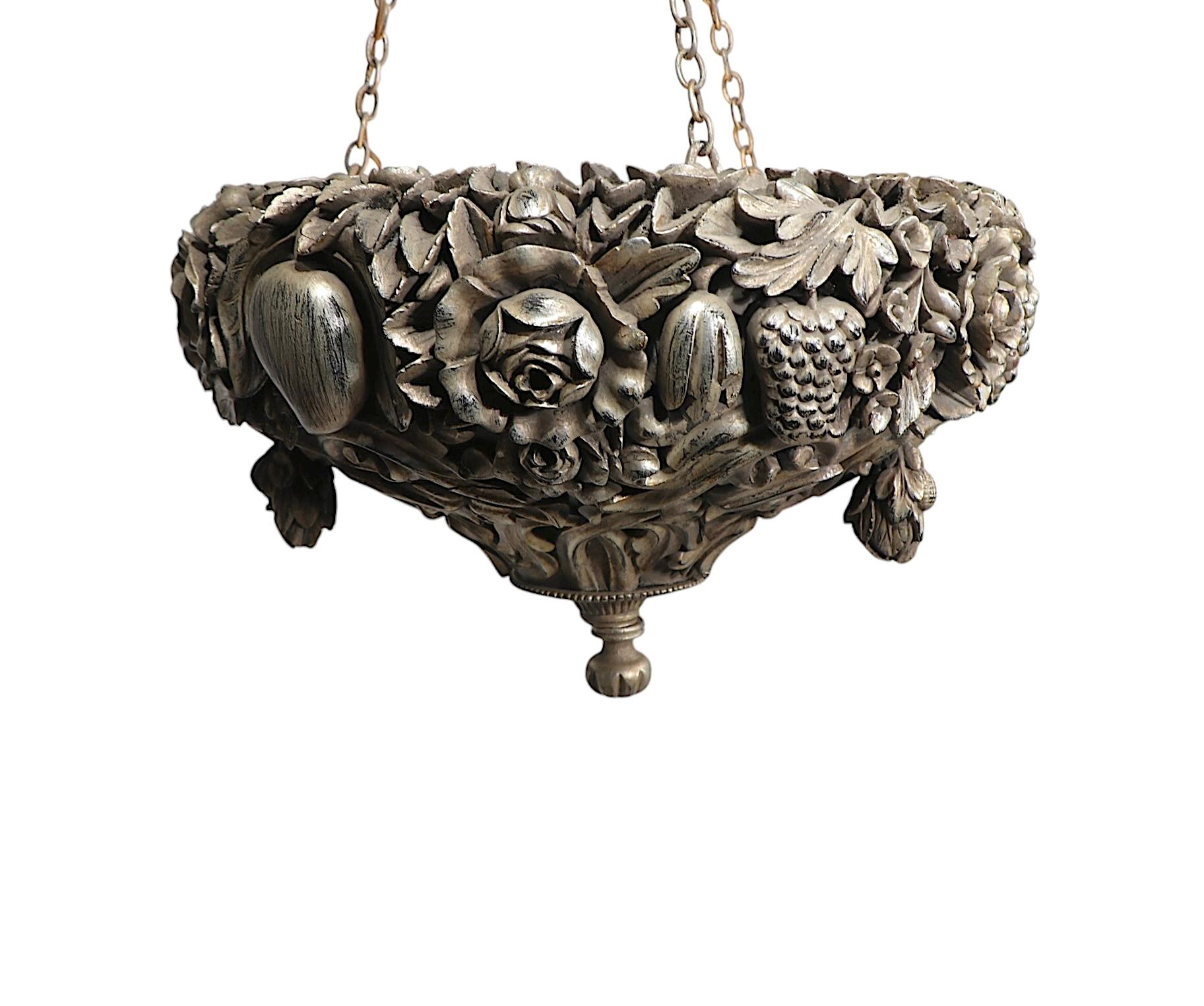 Art Deco Silver Gilt Carved Wood Inverted Bowl Chandelier by James Mont For Sale 2