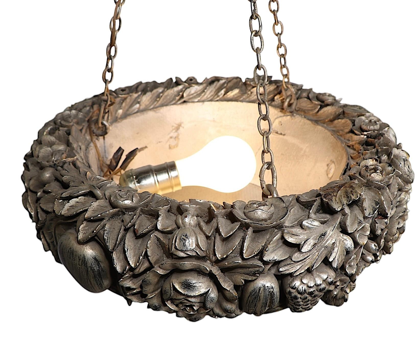 Art Deco Silver Gilt Carved Wood Inverted Bowl Chandelier by James Mont For Sale 3