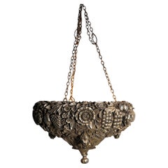Art Deco Silver Gilt Carved Wood Inverted Bowl Chandelier by James Mont